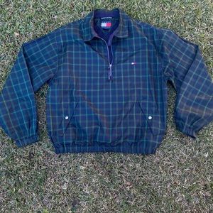 Tommy Hilfiger Men’s L Windbreaker Jacket 1/4 Zip Black Watch Plaid Lightweight